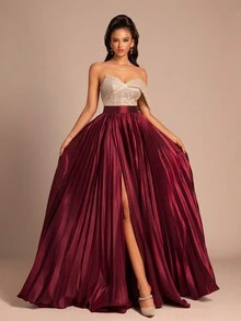 新款V领撞色拼接侧开衩后拉链高端优雅晚礼服派对礼服婚礼宾客礼服正式礼服春季 - 酒紅色 - 查看 7