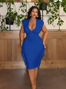 Slaydiva 派對和優雅純色修身深V領流蘇修邊女士中長款黃色連衣裙-E - 藍色 - 查看 4