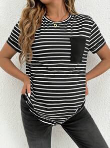 SHEIN Maternity Casual/Commute Striped Round Collar Short Sleeve T-Shirt - Black and White - View 4