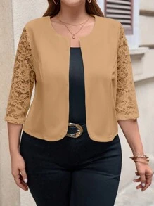 SHEIN Clasi Plus Size Xuân/Hè Áo khoác ren chắp vá màu trơn thường ngày - Lạc đà - Xem 3