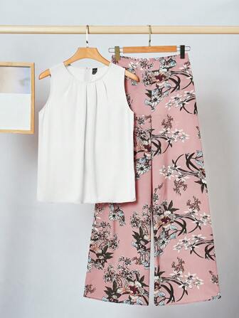 SHEIN Clasi Elegantes Pink Chiffon Durchsichtiges Top & Blumen Weitbein Hose Set für Frauen