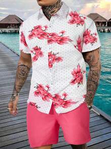 Manfinity RSRT Conjunto de 2 piezas para hombre con camisa casual estampada de flores de manga corta y pantalones cortos de unicolor, para verano - Rosado Sandía - Ver 1