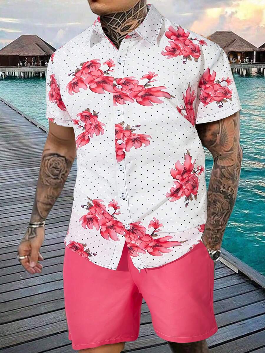 Manfinity RSRT Conjunto de 2 piezas para hombre con camisa casual estampada de flores de manga corta y pantalones cortos de unicolor, para verano - Rosado Sandía - Ver 1