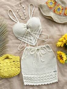 Soleia 假日純色空心針織V領背心上衣，配帶抽繩腰帶的中長套裙 - 杏色 - 查看 3