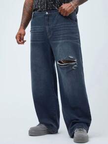 Manfinity Homme Men's Plus Size Loose Fit Wide Leg Casual Baggy Jeans With Rips And Pockets - Dark Wash - View 1