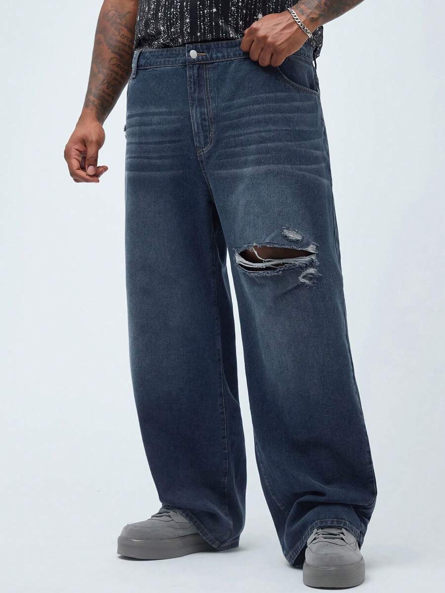 Manfinity Homme Men's Plus Size Loose Fit Wide Leg Casual Baggy Jeans With Rips And Pockets - Dark Wash - View 1
