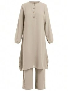 2pcs Women Plain Minimalist Casual Long Top And Long Pants Set - 杏色 - 查看 3