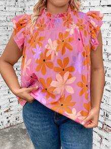 SHEIN LUNE Plus Size Stand Collar Shirred-Front Shirt With Ruffle Hem, Summer - Multicolor - View 4