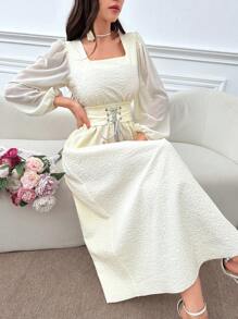 Modelyn Women's Square Collar Solid Color Long Sleeve Summer Dress With Cinched Waist Long Evening Dresses - Apricot - View 4