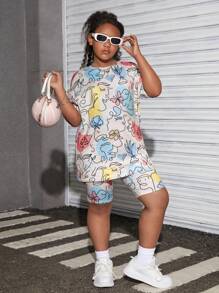 SHEIN 青少女加大尺寸通勤休閒針織圓領短袖短褲套裝，春夏季