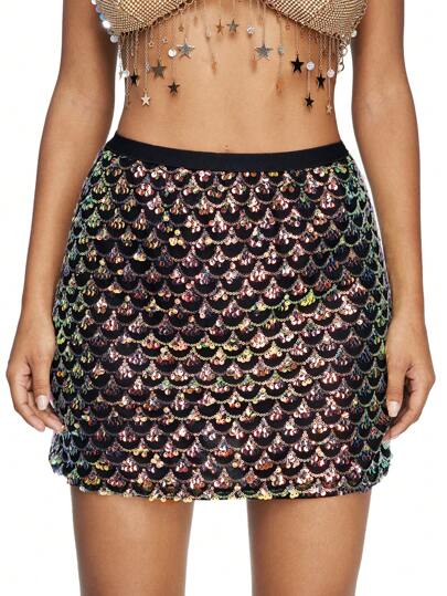 ROMWE Avant Women's Retro Party Holiday Sequin Mermaid Scale High-Low Hem Mini Skirt