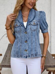 SHEIN LUNE Shawl Collar Flap Pocket Denim Jacket - Blue - View 3