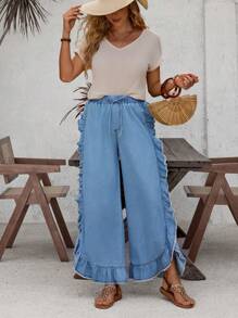 SHEIN LUNE Casual Water Washed Denim Flared Pants With Ruffle Hem