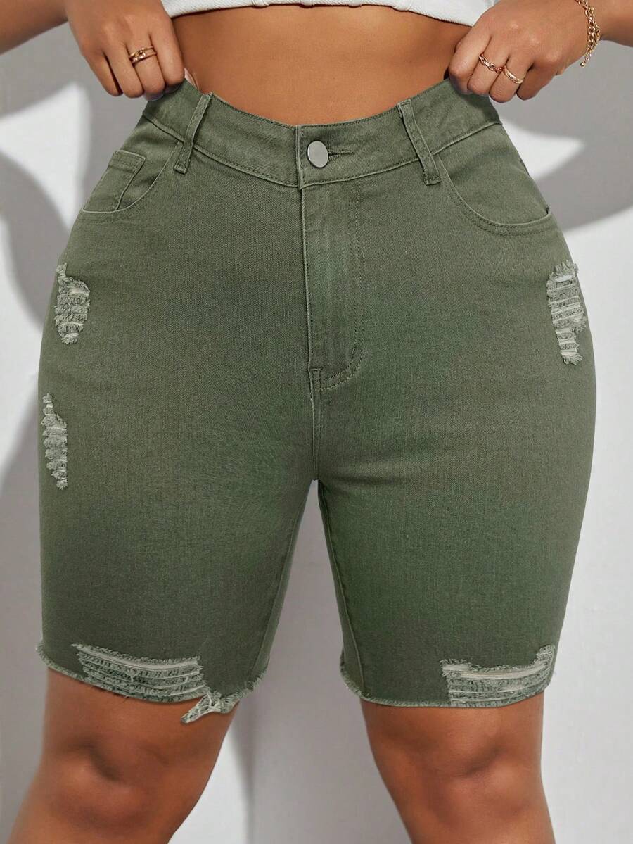 SHEIN SXY Quần short denim rách viền Plus Size, Hợp thời trang và đa năng - xanh quân đội - Xem 1