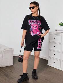 SHEIN Teen Nữ Họa Tiết Gấu Đen Graffiti Chữ Rời Áo Thun Và Quần Đi Xe Đạp Thể Thao Dạo Phố Casual 2 Bộ - màu đen - Xem 6