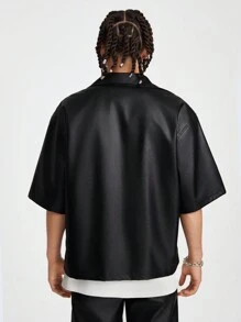 AXEPEAK Men's Plain Leather Loose Short Sleeve Shirt, Suitable For Summer, Boyfriend Gift, Going Out - Black - View 2