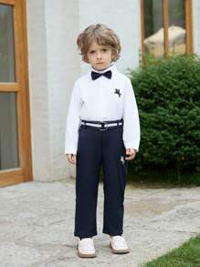 SHEIN Young Boy Gentleman 2pcs Striped Blue Long Sleeve Shirt And Suit Trousers With Belt,Summer Traditional Wedding Birthday Party Evening Performance Set - White - View 3