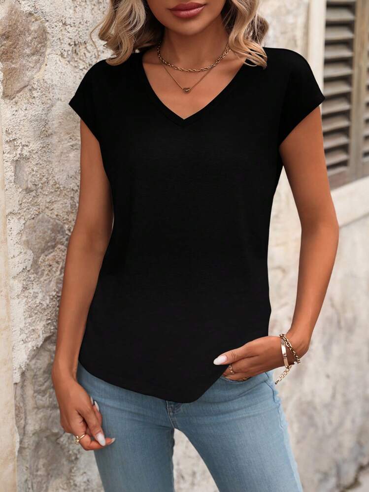 Camiseta de manga murciélago sólida con cuello en V para el verano - Negro - Añade 5