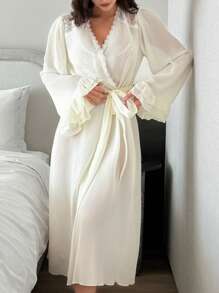 DAZY See-Through Chiffon & Contrast Lace Nightgown With Ruffled Sleeves, Pajama - Apricot - View 6