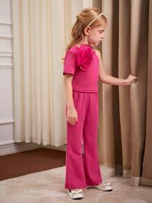 SHEIN Young Girls Asymmetrical Neck Stereo Flower Top & Flare Leg Pants - Hot Pink - View 5