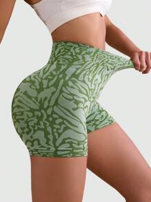 Core Rhythm 女士印花无缝简约日常运动短裤女士运动短裤、健身短裤、骑行短裤 - 綠色 - 查看 2