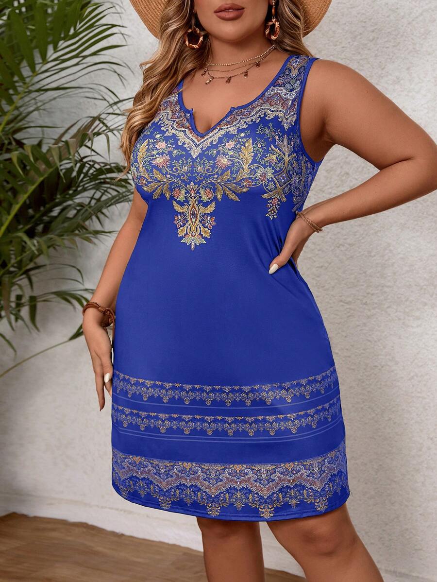 SHEIN VCAY 大尺碼復古無袖女夏裝 - 藍色 - 查看 1