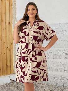 EMERY ROSE Robe chemise décontractée avec motif géométrique à manches courtes pour femme grande taille, été - Rouge foncé - Voir 4