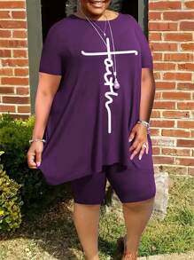 SHEIN Plus Letter Graphic Asymmetrical Hem Tee & Biker Shorts, For Summer - Violet Purple - View 1