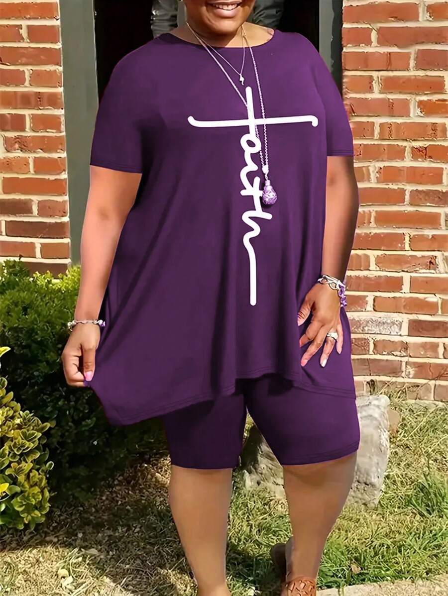 SHEIN Plus Letter Graphic Asymmetrical Hem Tee & Biker Shorts, For Summer - Violet Purple - View 1