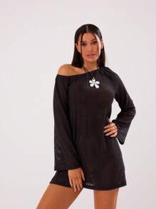 MUSERA Vestido corto de manga larga asimétrico de hombro con escote en minifalda, sexy y lindo, de punto transparente, para primavera y verano