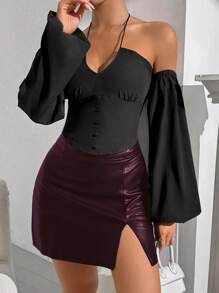 Zolique Camiseta sin mangas con escote descubierto de unicolor para mujer con tirantes finos, verano - Negro - Ver 3