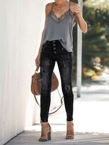 Quần jean nữ dáng ôm, cài cúc đơn, xẻ tà cao, phong cách vintage, màu đen, thích hợp cho mùa xuân. - màu đen - Xem 5