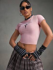 Streetz SHEIN Sport Slogan Graphic Crop Sports Tee - Pink - View 5