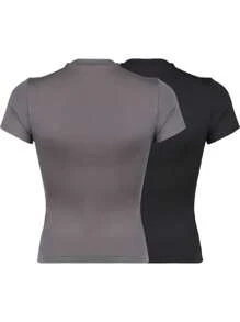 INAWLY Solva 2pcs Solid Crop Round Neck Tee - Multicolor - View 6