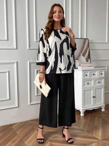 EMERY ROSE 加圖形印花上衣和寬腿褲，適合日常穿著 - 黑與白 - 查看 4