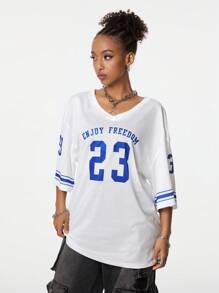 SHEIN EZwear 女款夏季垂墜肩V領足球運動衫，印有字母印花 - 白色 - 查看 4