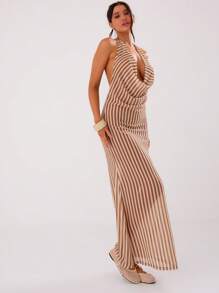 MUSERA Sexy Striped Loose Fit Draped Halter Neck Long Dress Summer, Beach, Sexy - Multicolor - View 4