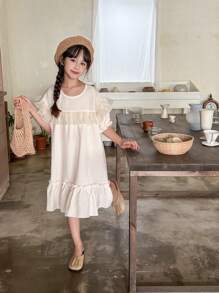 SHEIN Tween Girls' Countryside Style Wide Ruffle Hem Round Neck Short Sleeve A-Line Dress, Perfect For Casual Summer - Apricot - View 3