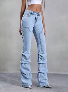 Jeanoix Pantalones vaqueros acampanados de tiro alto con pliegues, de estilo vintage, con bolsillos, para mujer - Lavado ligero - Ver 6