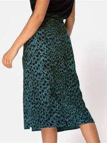 INAWLY Leopard Print Split Thigh Skirt Without Belt - Blue - View 2