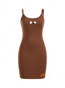 We Bare Bears X SHEIN Váy có dây đeo spaghetti in hình hoạt hình dành cho nữ, mùa hè - màu nâu - Xem 1