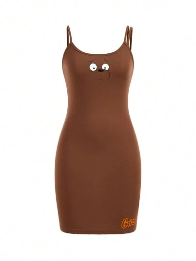 We Bare Bears X SHEIN Women's Cartoon Printed Slim Fit Spaghetti Strap Cute Funny Short Bodycon Summer Dress