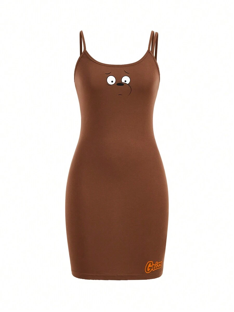 We Bare Bears X SHEIN Váy có dây đeo spaghetti in hình hoạt hình dành cho nữ, mùa hè - màu nâu - Xem 1