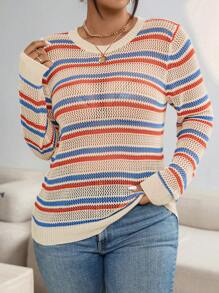 Calvaya Plus Size Spring/Autumn Casual Color Block Striped Hollow Knitted Sweater Fall Winter - Multicolor - View 6