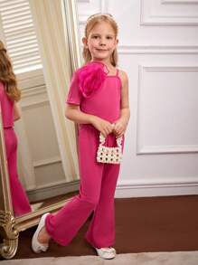 SHEIN Young Girls Asymmetrical Neck Stereo Flower Top & Flare Leg Pants - Hot Pink - View 1