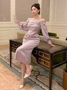 DAZY 女士纯色露肩开衩长袖日常连衣裙舞会礼服、秋季连衣裙 - 淡紫色 - 查看 8