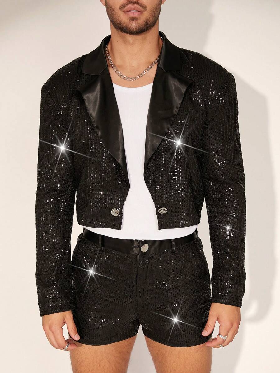 FeverCity Bộ đồ dài tay ngắn lưới thêu sequin cho nam - màu đen - Xem 1