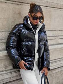 EURMUSE Puffer Jacket With Snap Buttons And Adjustable Waist Hem, Young And Warm - Black - View 1