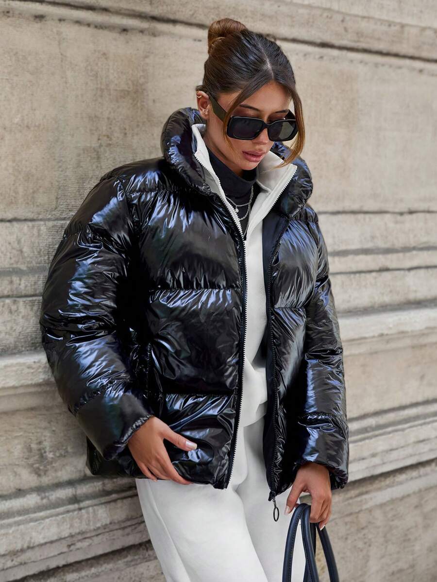 EURMUSE Puffer Jacket With Snap Buttons And Adjustable Waist Hem, Young And Warm - Black - View 1