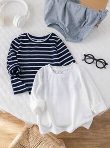 Loomiva Infant 3pcs Set Black White Striped & Solid Color Crew Neck Long Sleeve Sweatshirt Tops, Soft, Comfortable, Versatile For Home & Outdoor Wear, Spring Autumn - Multicolor - View 8